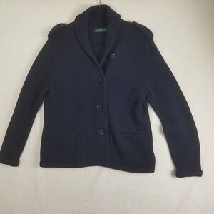 Lauren Ralph Lauren Navy Blue Shawl Collar Button Cardigan Sweater Epaulettes
